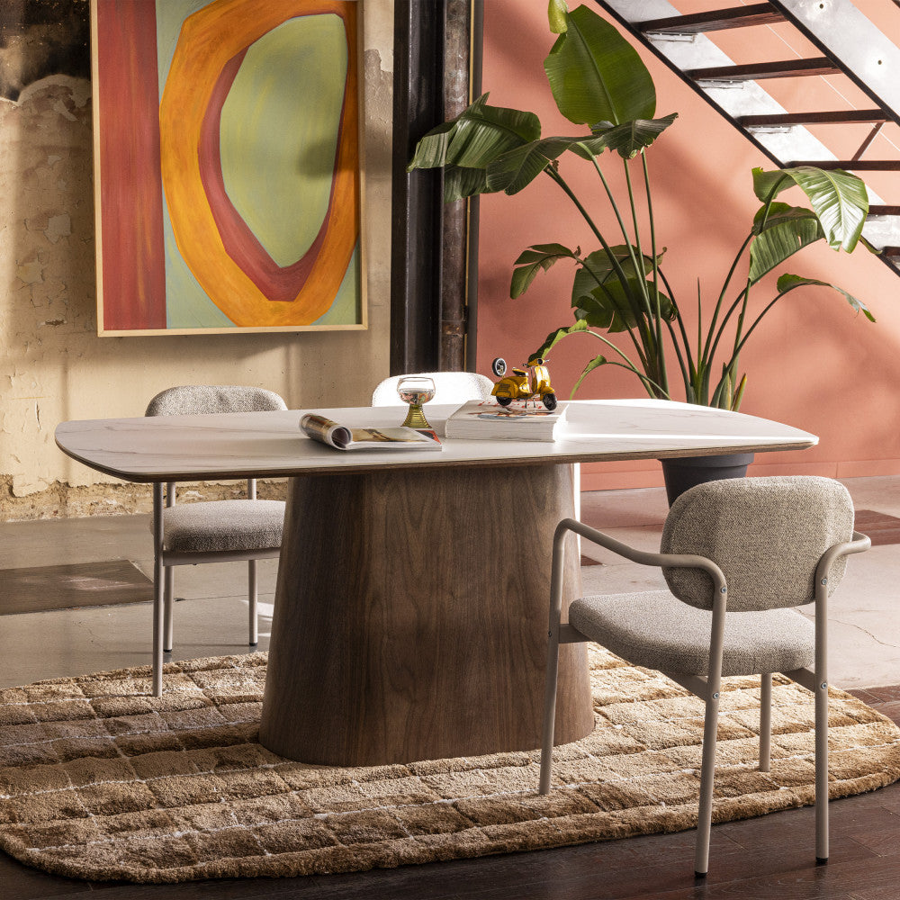 Reno - Mesa de comedor para 8 personas - Efecto mármol y madera - Madera oscura