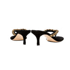 Thory black mid-heel thong sandals featuring elegant chain detail and soft suede, perfect for stylish comfort.