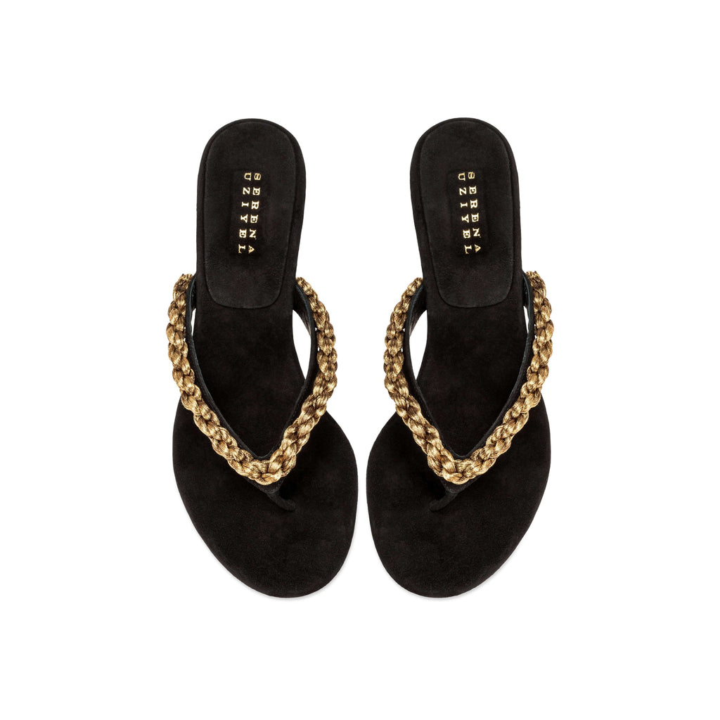 Thory Black Mid-Heel Thong Sandal with bold chain detail, perfect for stylish summer looks.