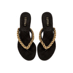 Thory Black Mid-Heel Thong Sandal with bold chain detail, perfect for stylish summer looks.