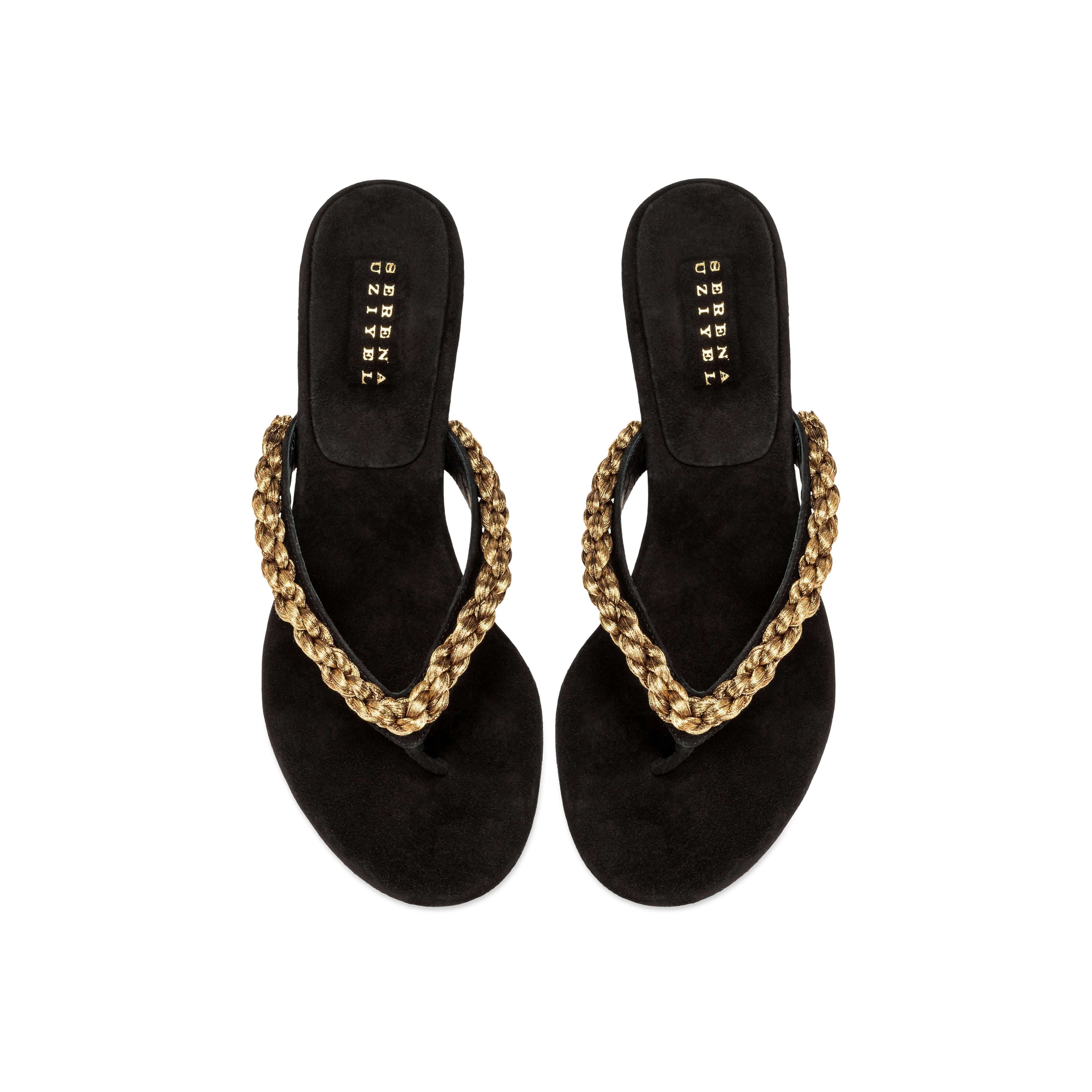 Thory Black Mid-Heel Thong Sandal with bold chain detail, perfect for stylish summer looks.