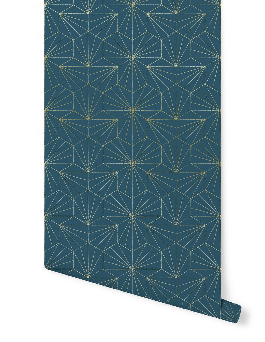 Rotolo Carta da Parati Tiles - Blu Petrolio Dorato