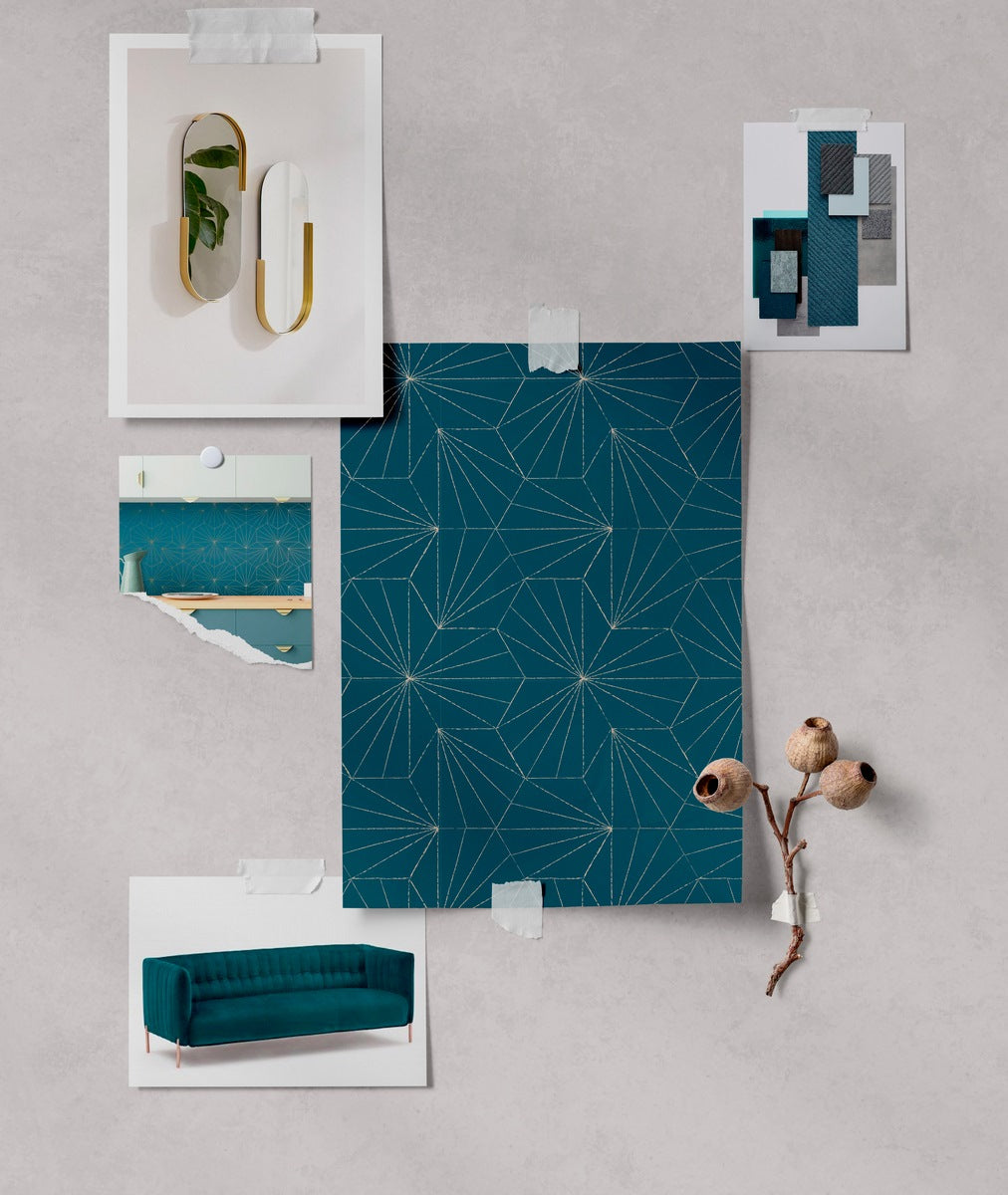 Rotolo Carta da Parati Tiles - Blu Petrolio Dorato