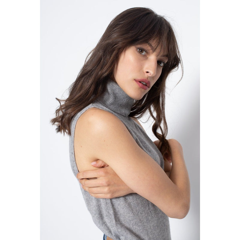 Top Col Roulé Sans Manches Capucin Gris Chiné, Jersey, 100% Cachemire, 2 Fils - Femme