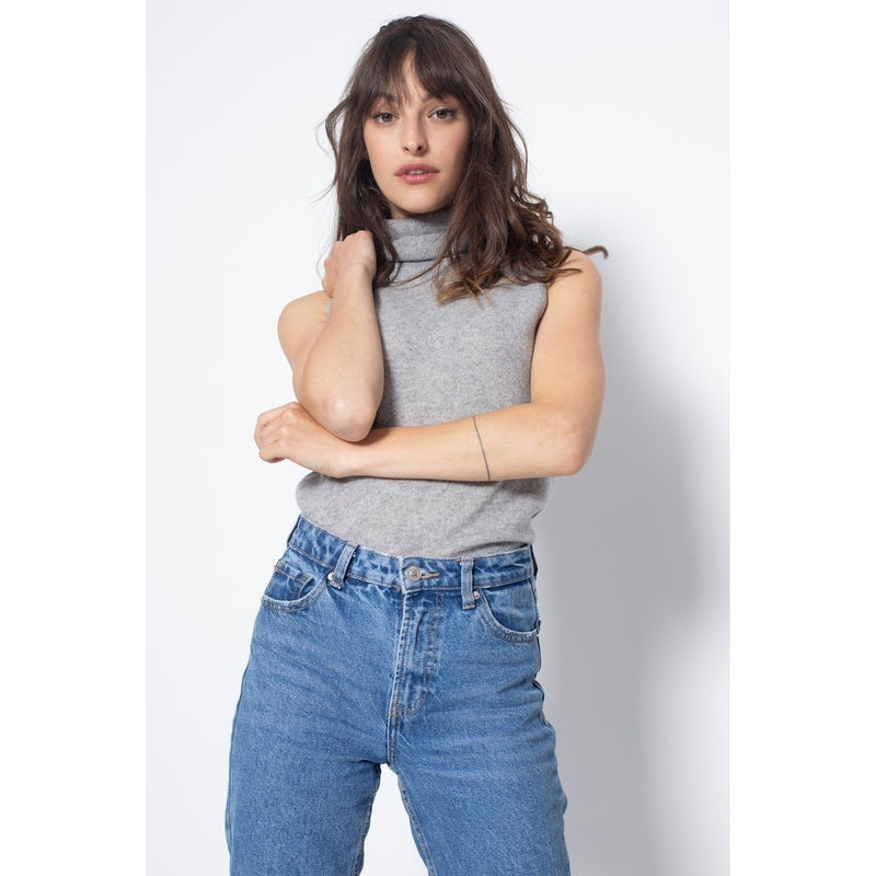 Top Col Roulé Sans Manches Capucin Gris Chiné, Jersey, 100% Cachemire, 2 Fils - Femme