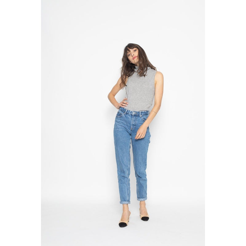 Top Col Roulé Sans Manches Capucin Gris Chiné, Jersey, 100% Cachemire, 2 Fils - Femme