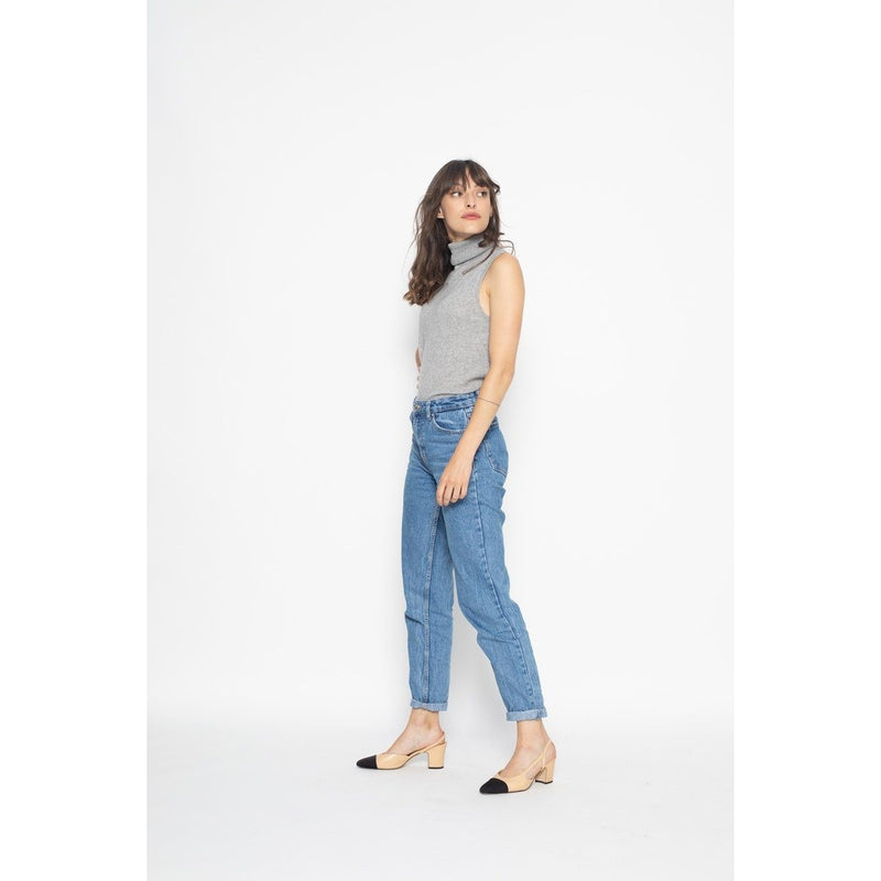Top Col Roulé Sans Manches Capucin Gris Chiné, Jersey, 100% Cachemire, 2 Fils - Femme