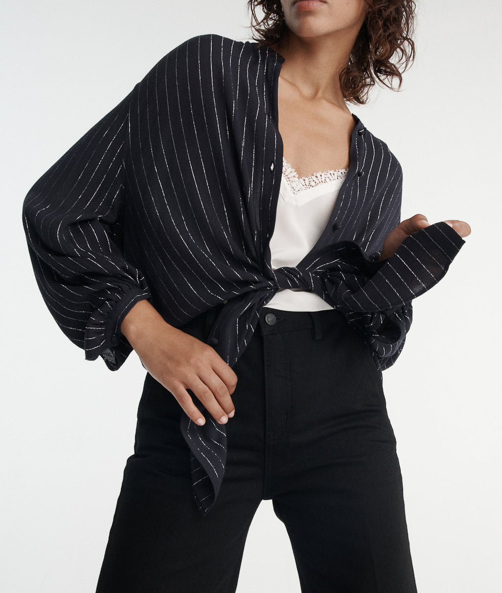 The Kooples - Top Fluido Azul Marino Rayas Plateadas - Mujer