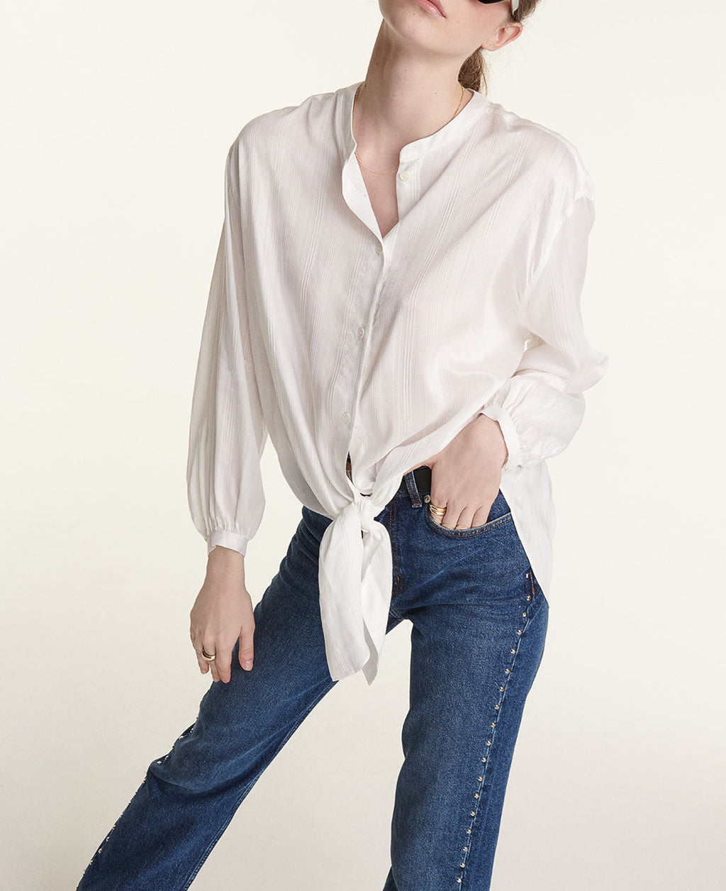 Wide Ecru Fluid Top With Tie Detail - Women