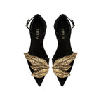 Valeria Black Flat Ankle Ballerina with gold leaf embellishments, showcasing elegance and comfort in suede design.