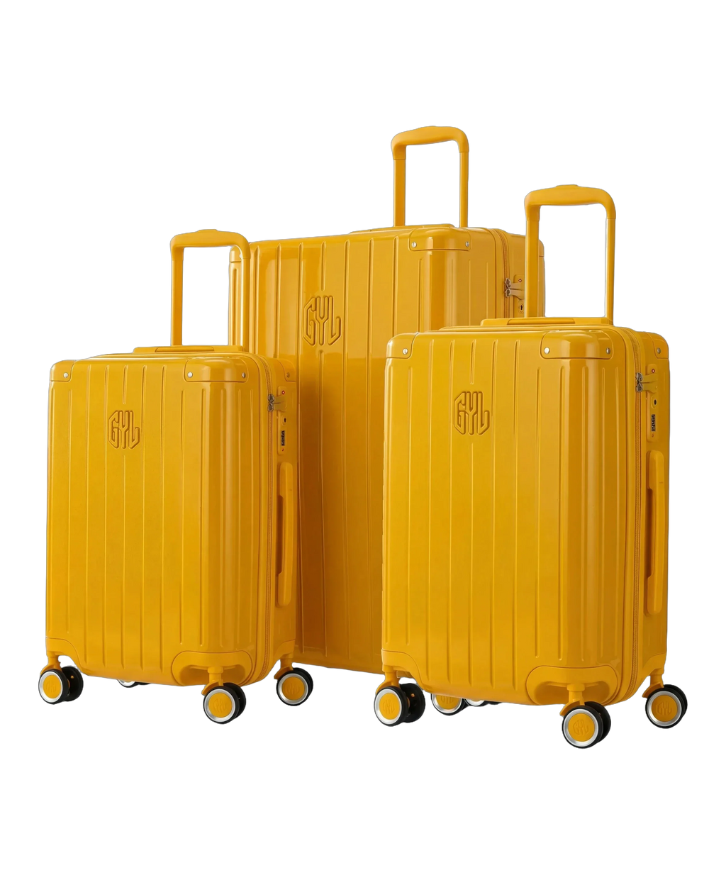 Set of 3 rigid Intemporelle yellow cabin, week and hold suitcases, front view GYL