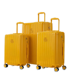 Set of 3 rigid Intemporelle yellow cabin, week and hold suitcases, front view GYL