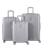 Intemporelle polycarbonate suitcase, set of 3 cabin, week and hold suitcases in silver, front view of the complete set