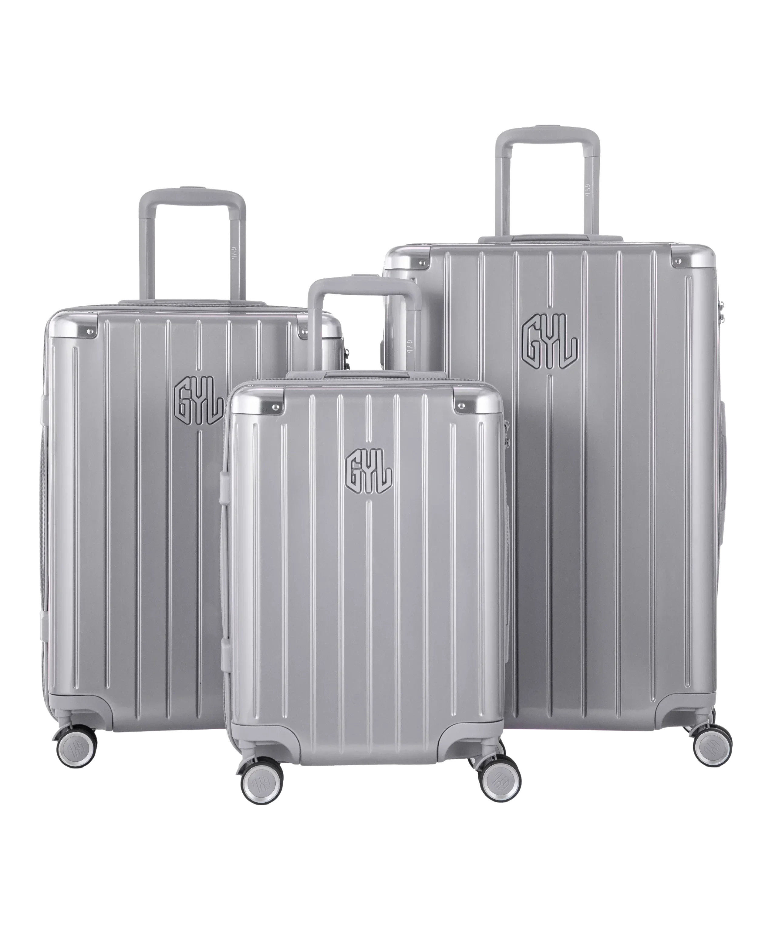 Intemporelle polycarbonate luggage set of 3 cabin, medium and large suitcases in silver, front view of the complete set