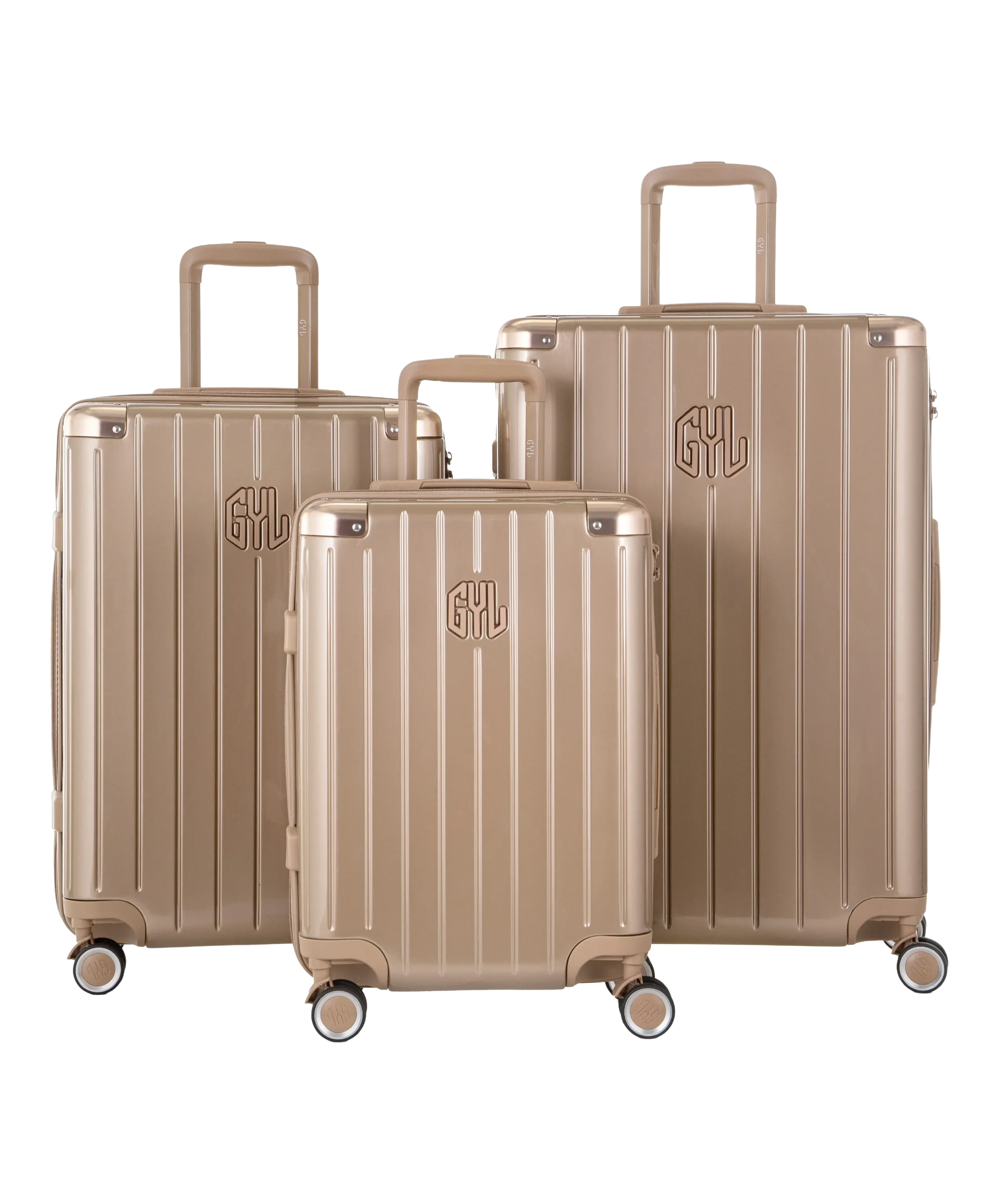 Intemporelle polycarbonate suitcase, set of 3 cabin, week and hold suitcases in champagne, front view of the complete set