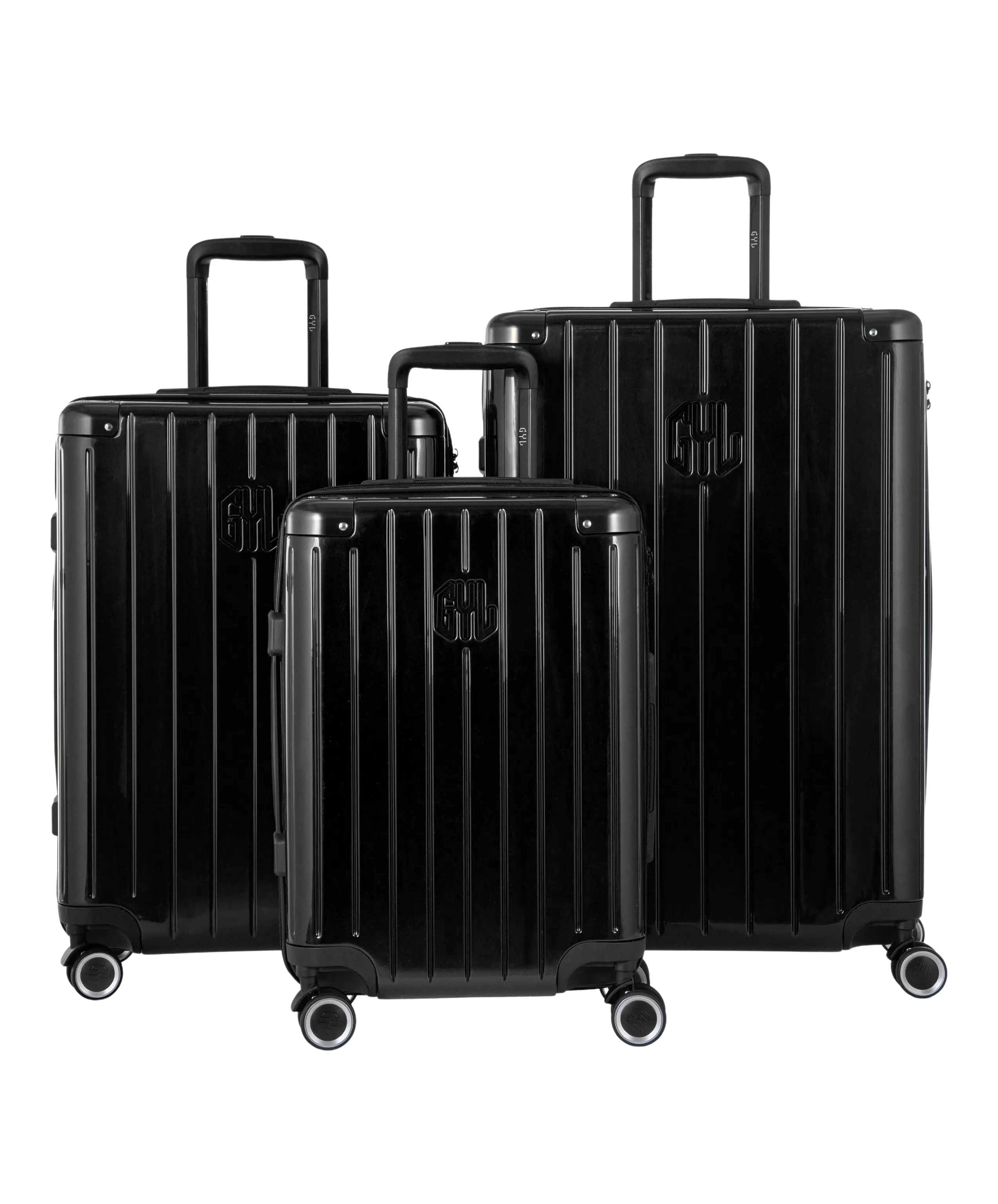 Intemporelle polycarbonate luggage set of 3 cabin, medium and large suitcases in black, front view of the complete set