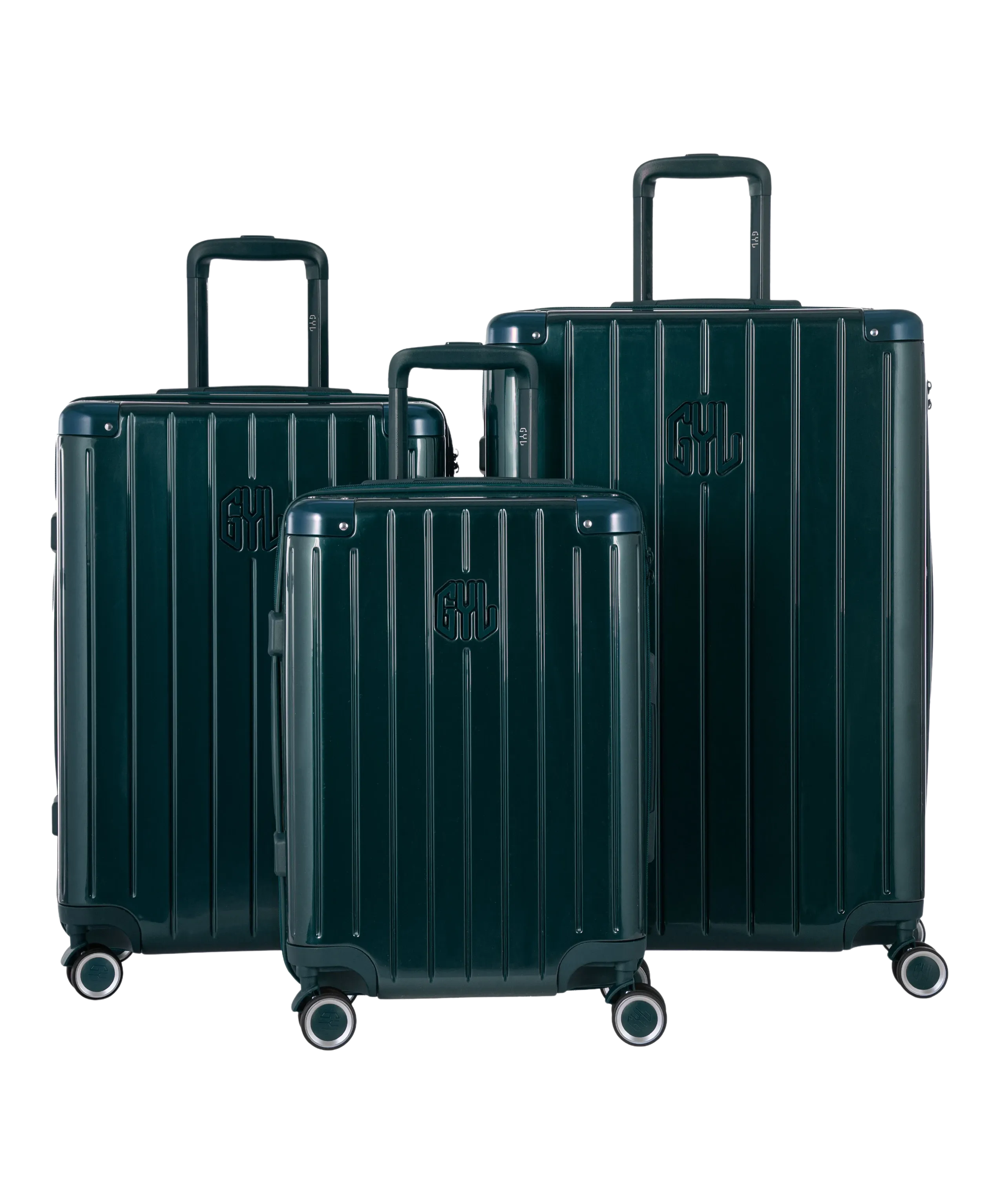 Intemporelle polycarbonate suitcase, set of 3 cabin, week and hold suitcases in fir green, front view of the complete set