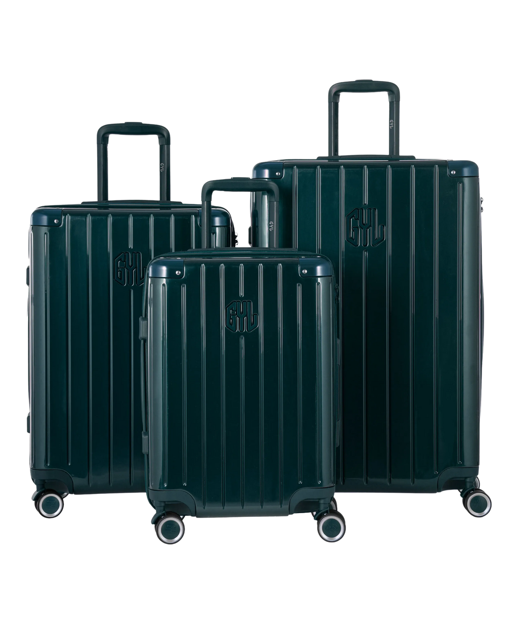 Intemporelle polycarbonate luggage set of 3 cabin, medium and large suitcases in fir green, front view of the complete set