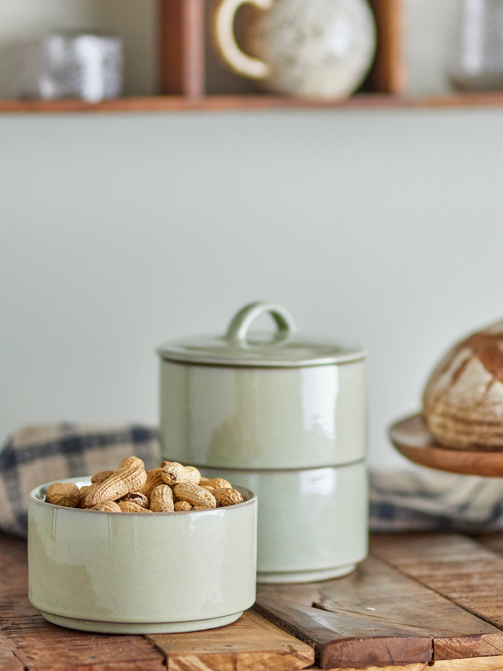 Ebba - Set of 2 Jars With Lid - Green - Stoneware