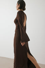 Robe Longue À Manches Larges Et Dos Ouvert Marron
