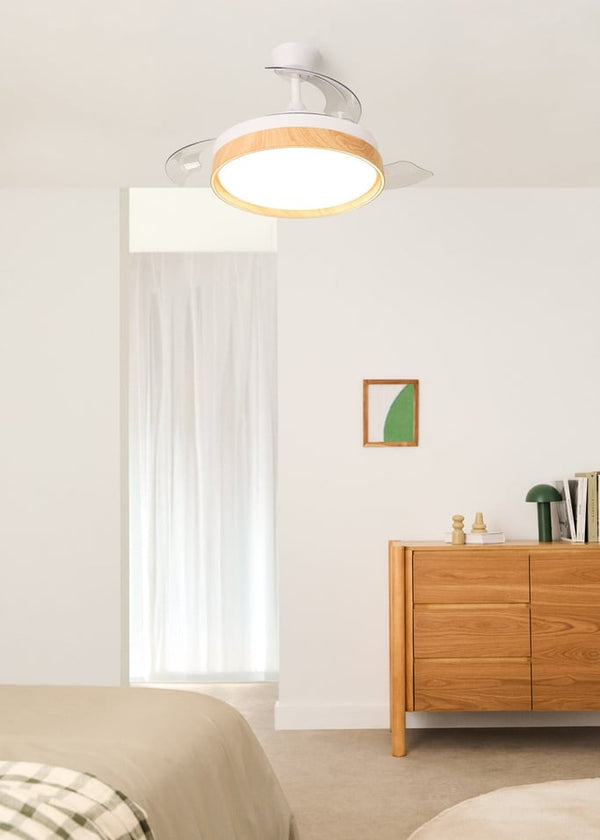 Wind Clear Edge - Ventilador de techo silencioso de 40 W con aspas retráctiles y luz LED - Blanco/Madera clara