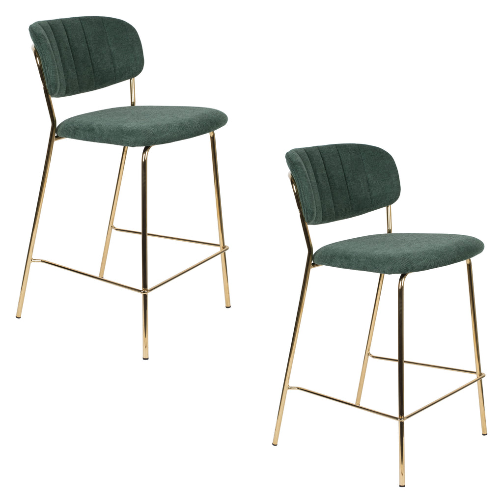 Jolien - Juego de 2 taburetes de bar y mostrador - Tela - Dorado/Verde oscuro