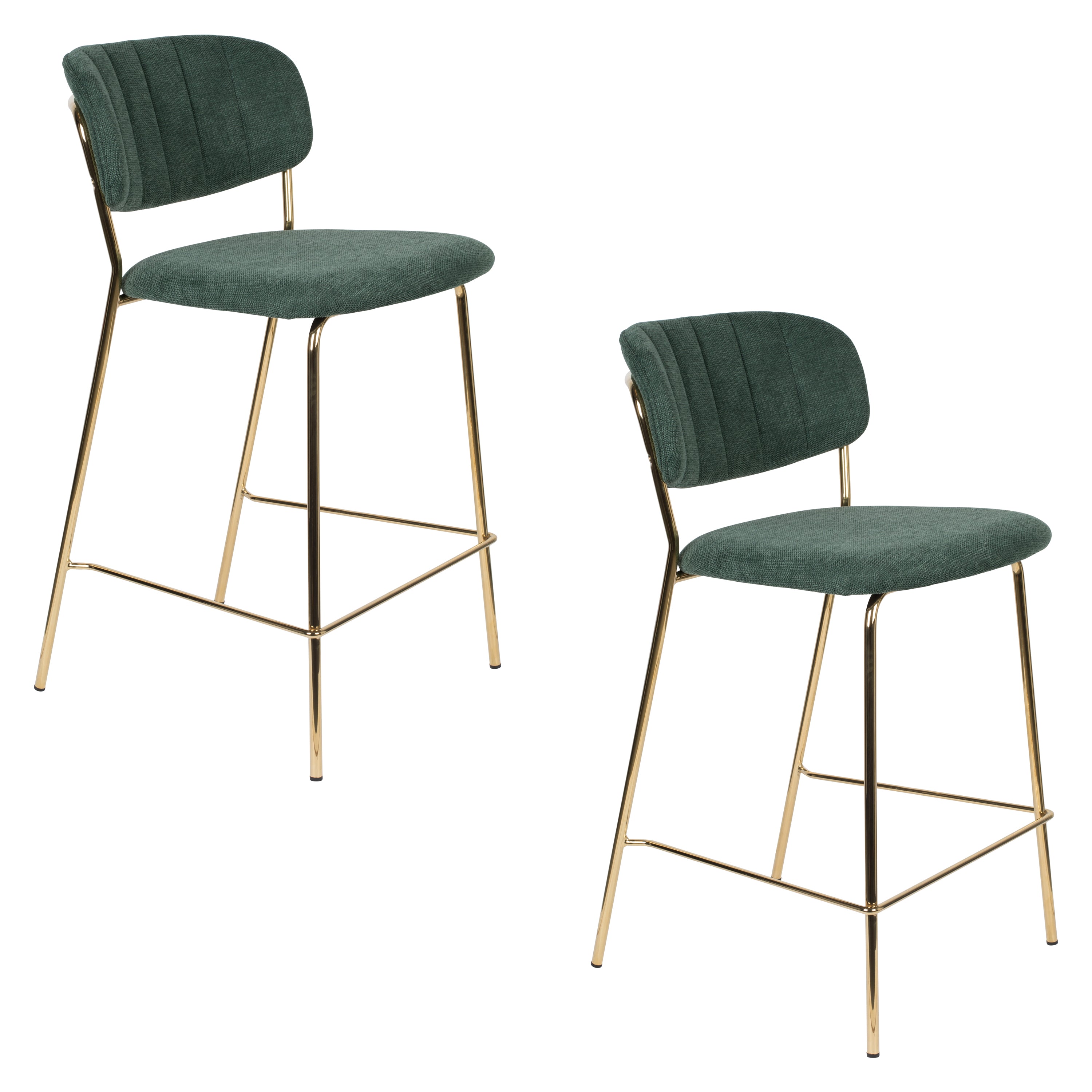 Jolien - Juego de 2 taburetes de bar y mostrador - Tela - Dorado/Verde oscuro