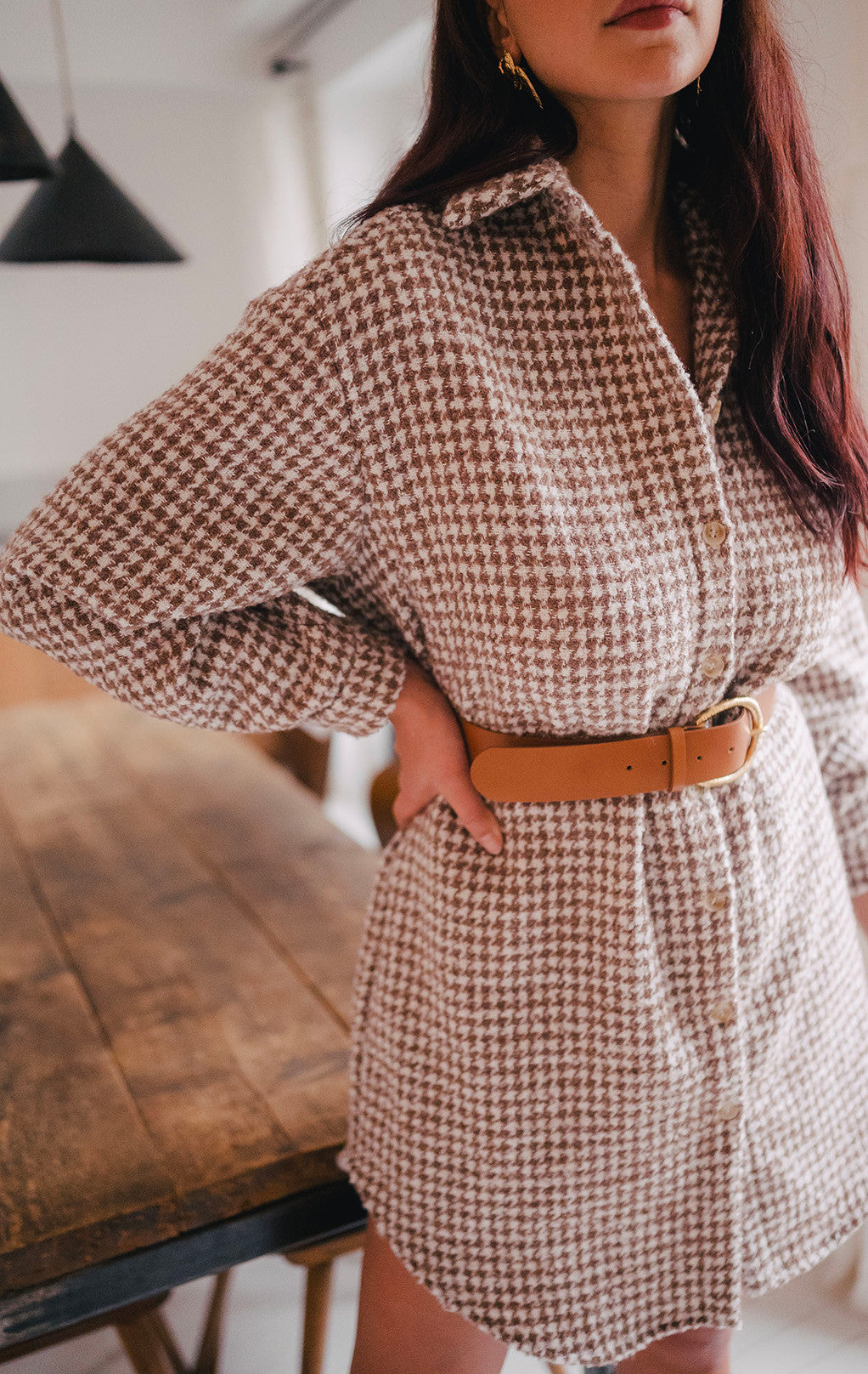 Lison Houndstooth Camel Dress