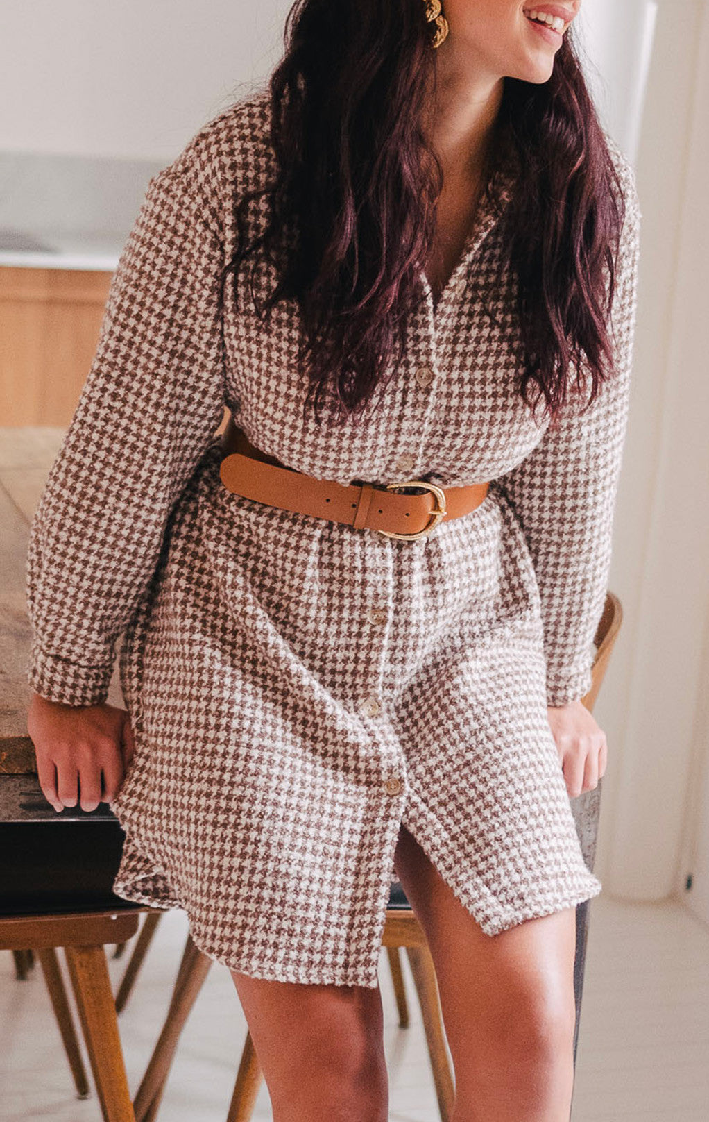 Lison Houndstooth Camel Dress