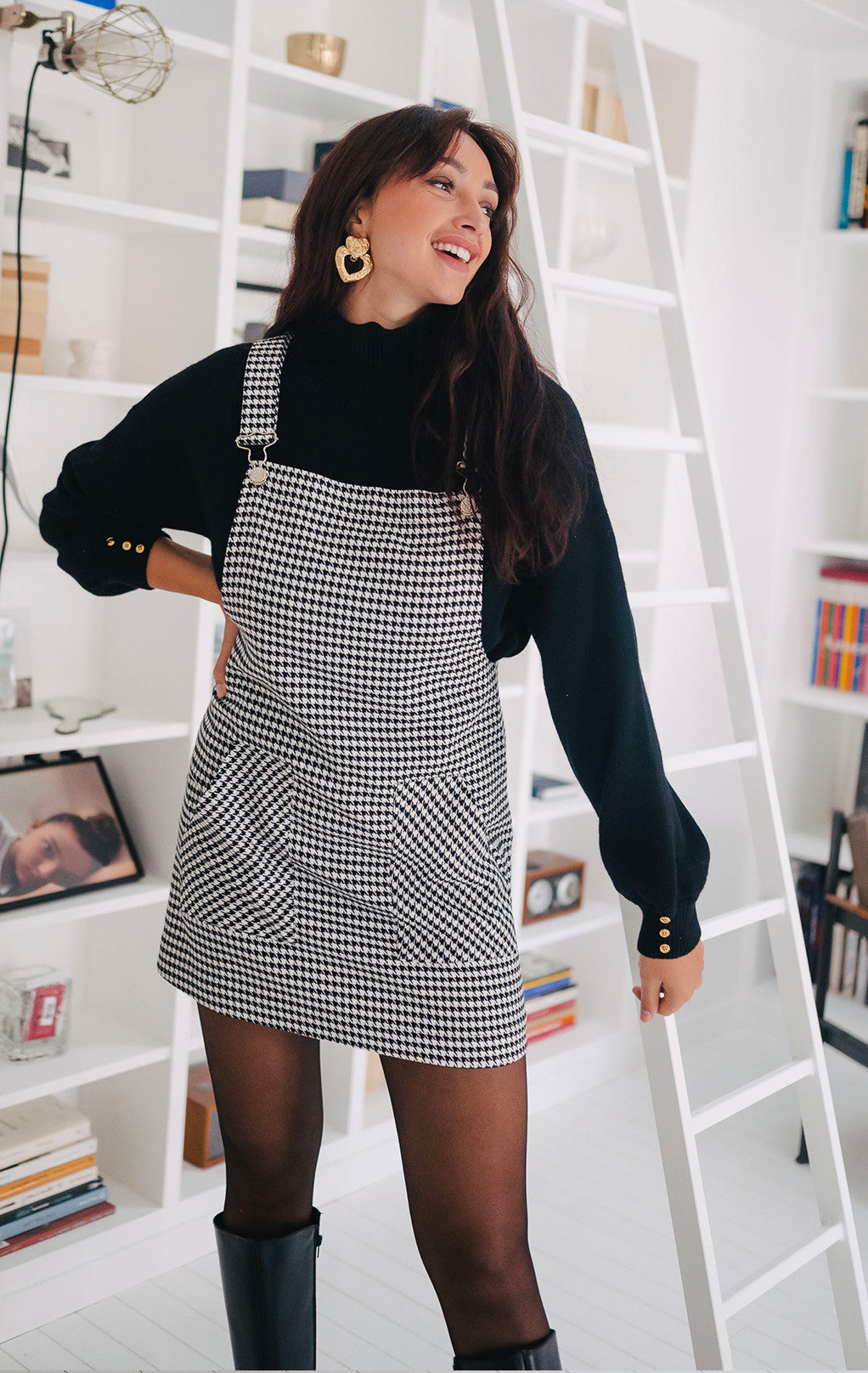 Albertine Houndstooth Dungaree Dress