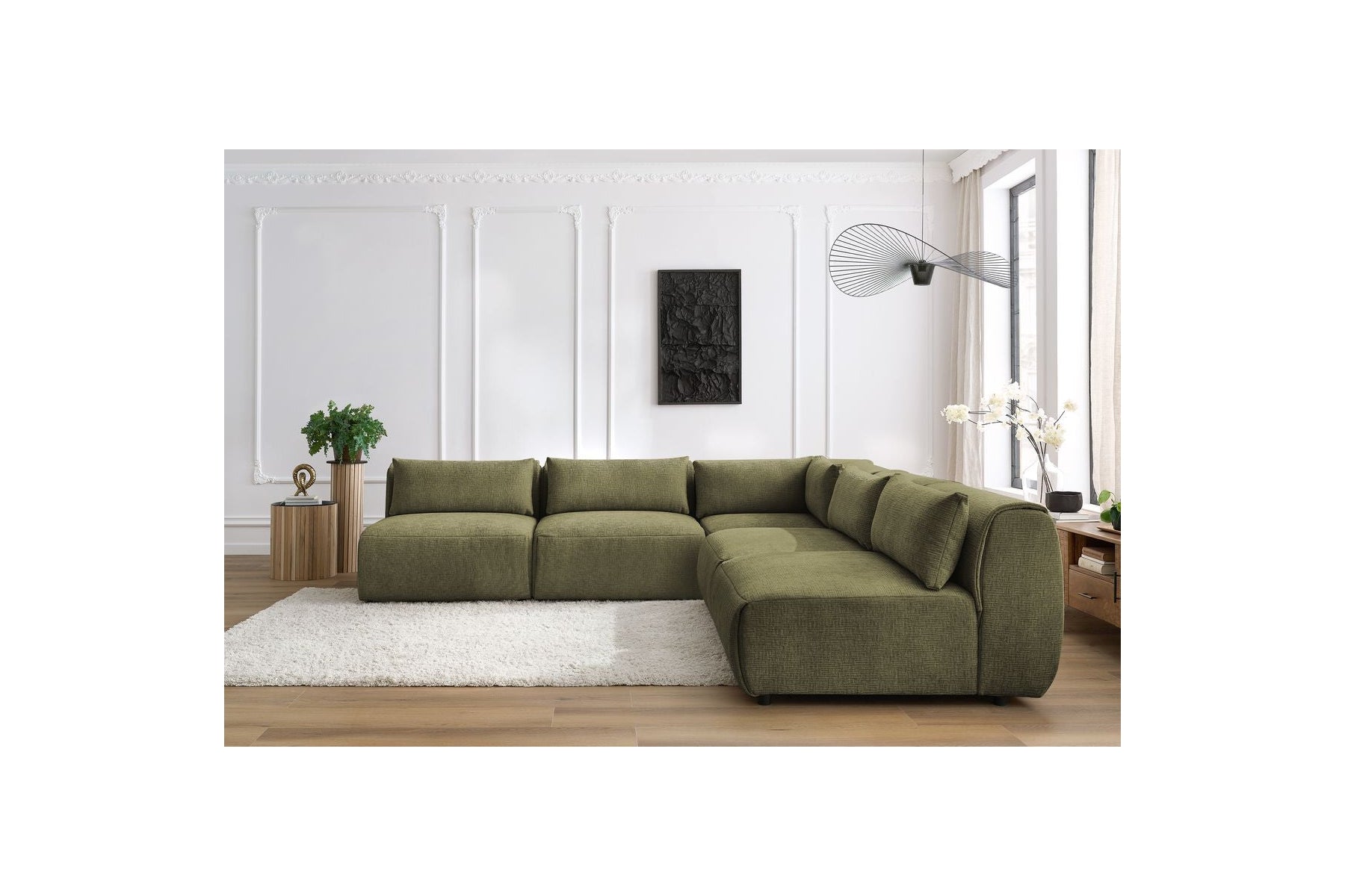 Jeanne - Modular Fixed Corner Sofa - Textured Fabric with 4 Armless Chairs and 1 Corner Unit