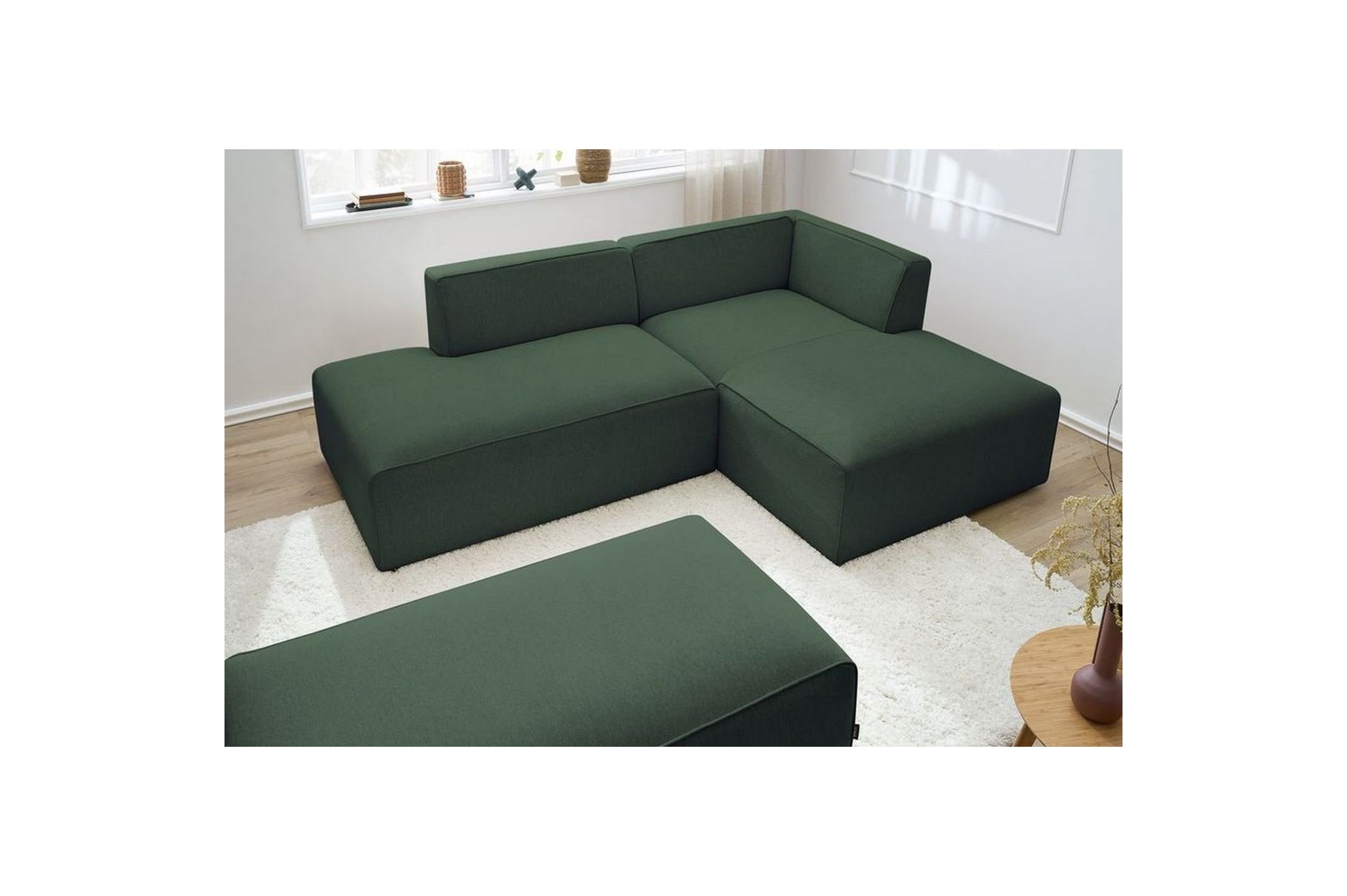 Sofá esquinero fijo modular MEGEVE de tejido liso con puf - Ángulo derecho - BOBOCHIC - The Bradery