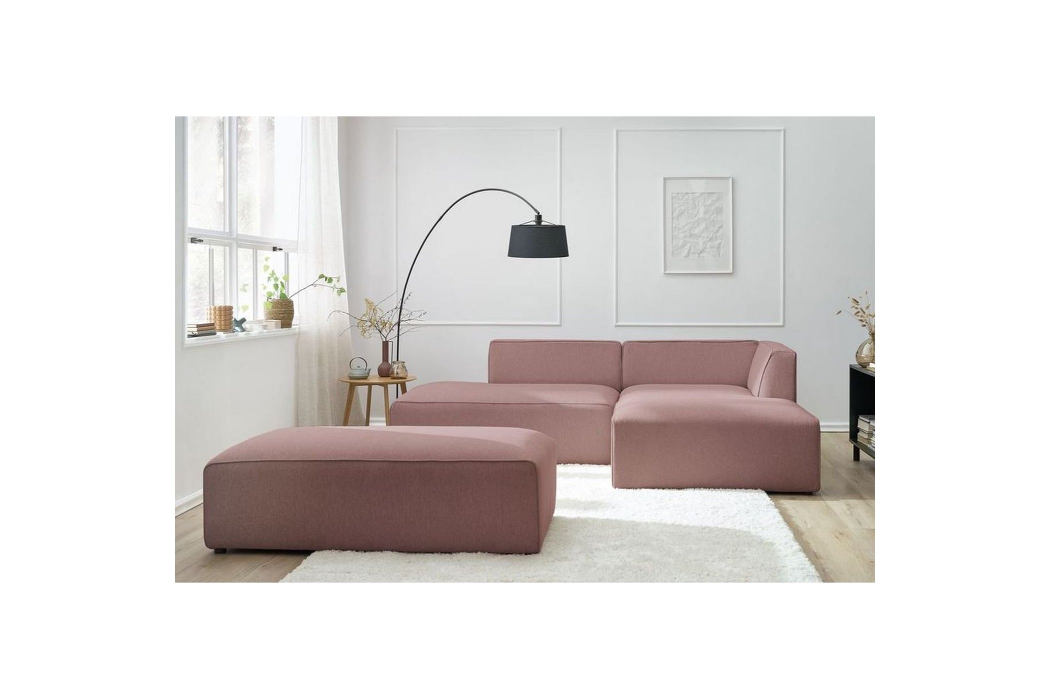 Sofá esquinero fijo modular MEGEVE de tejido liso con puf - Ángulo derecho - BOBOCHIC - The Bradery