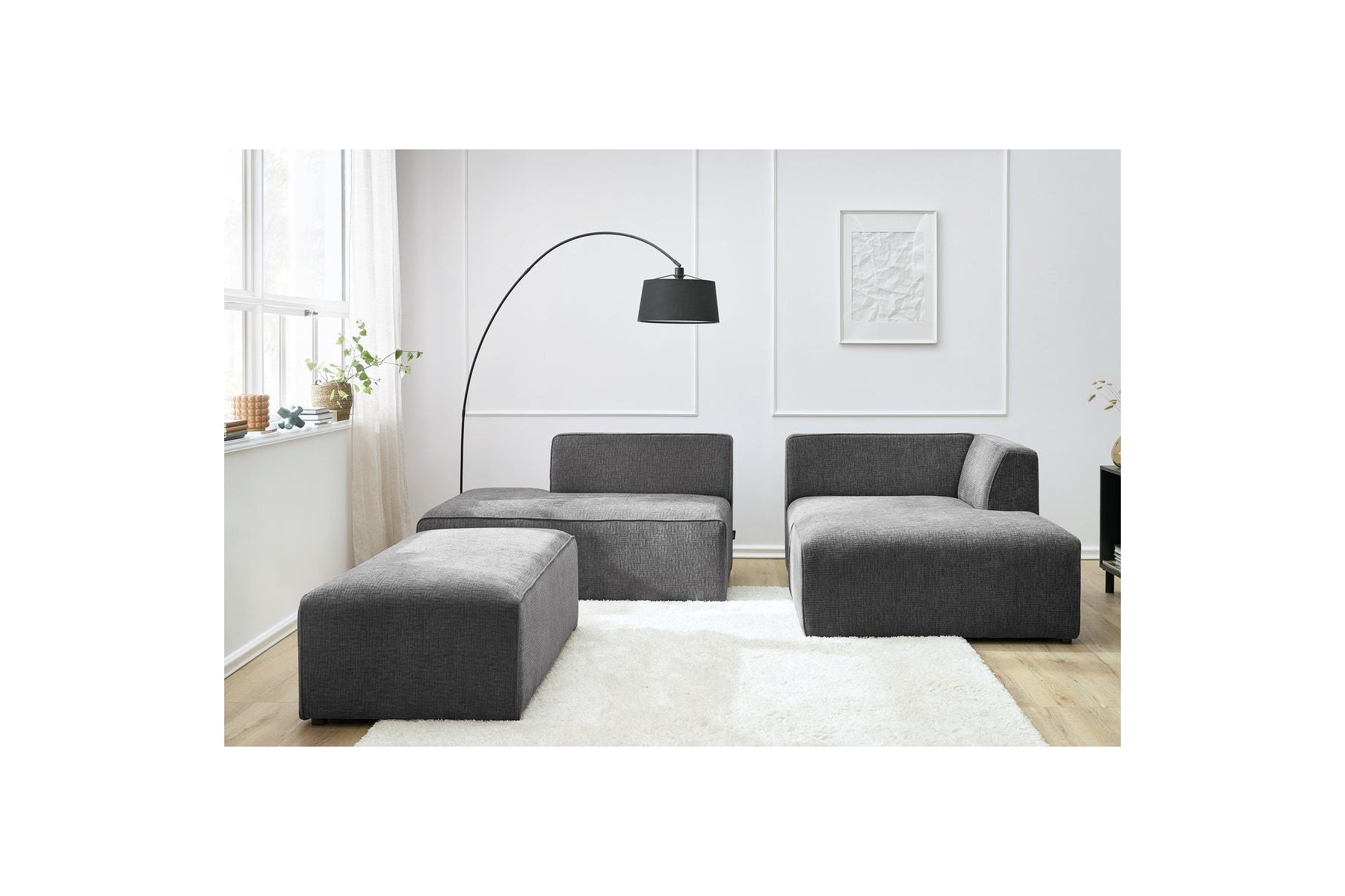 Sofá esquinero fijo modular MEGEVE de tejido liso con puf - Ángulo derecho - BOBOCHIC - The Bradery
