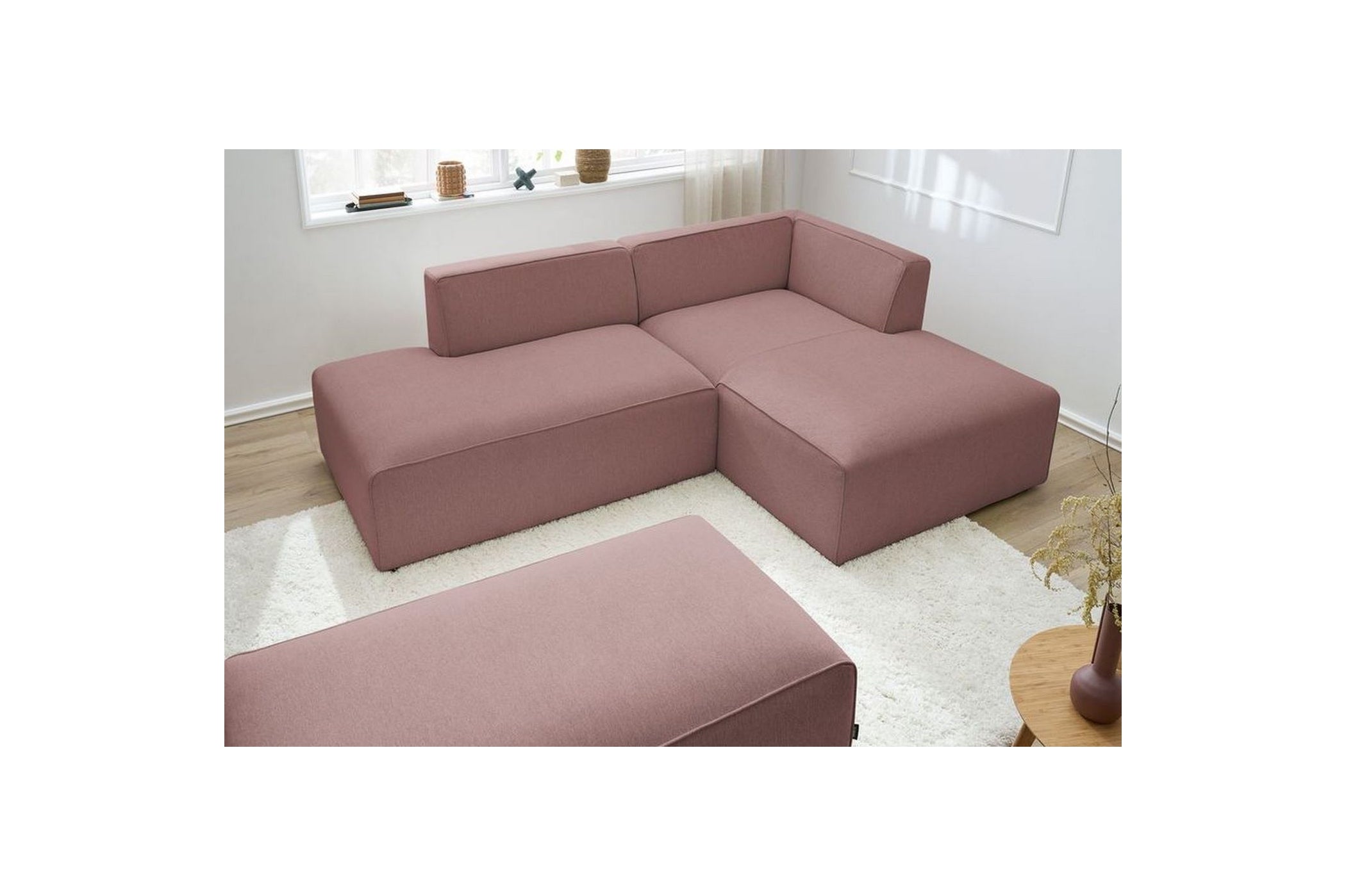Sofá esquinero fijo modular MEGEVE de tejido liso con puf - Ángulo derecho - BOBOCHIC - The Bradery