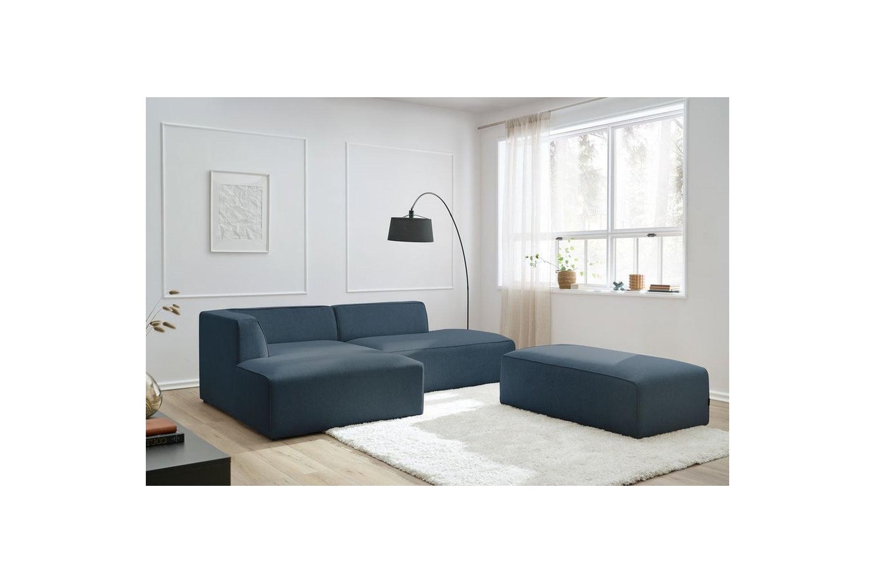 Canapé d'angle fixe modulable MEGEVE tissu lisse avec pouf - Angle gauche - BOBOCHIC - The Bradery