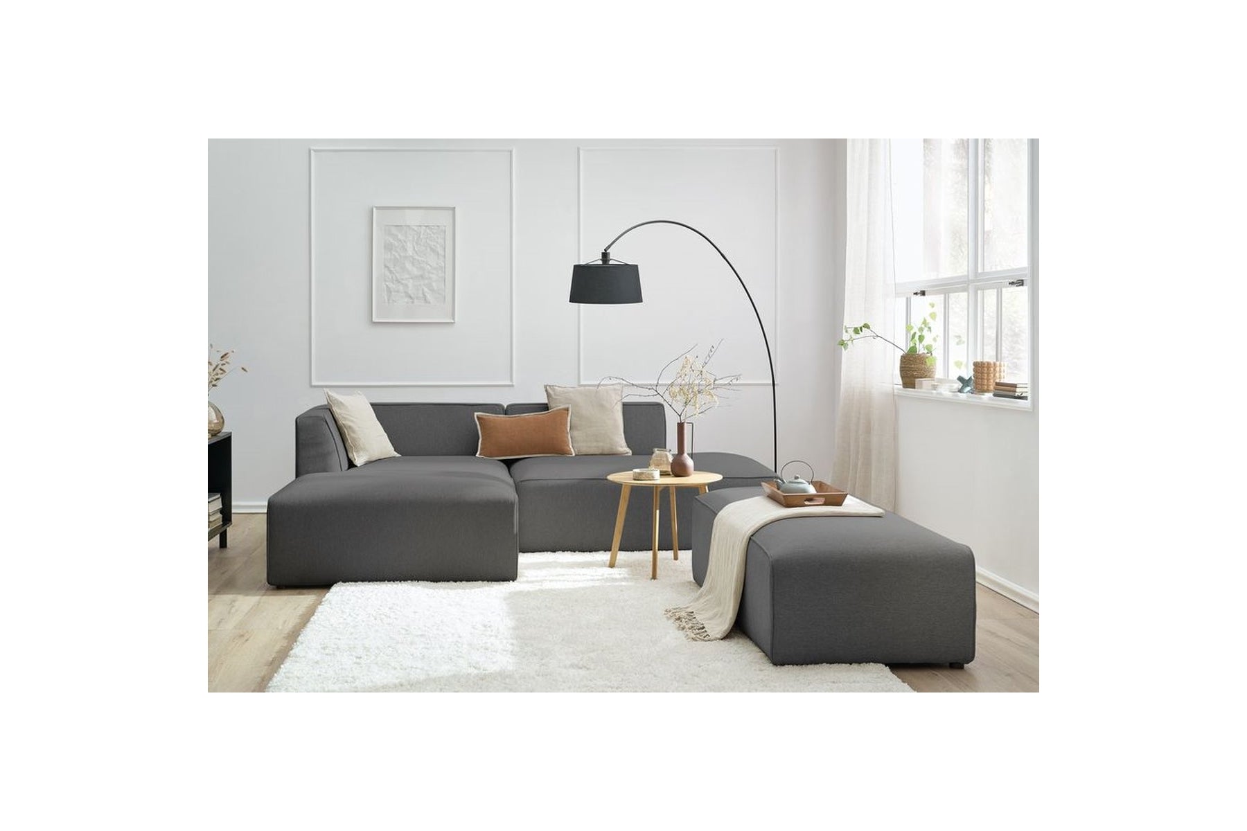 Canapé d'angle fixe modulable MEGEVE tissu lisse avec pouf - Angle gauche - BOBOCHIC - The Bradery