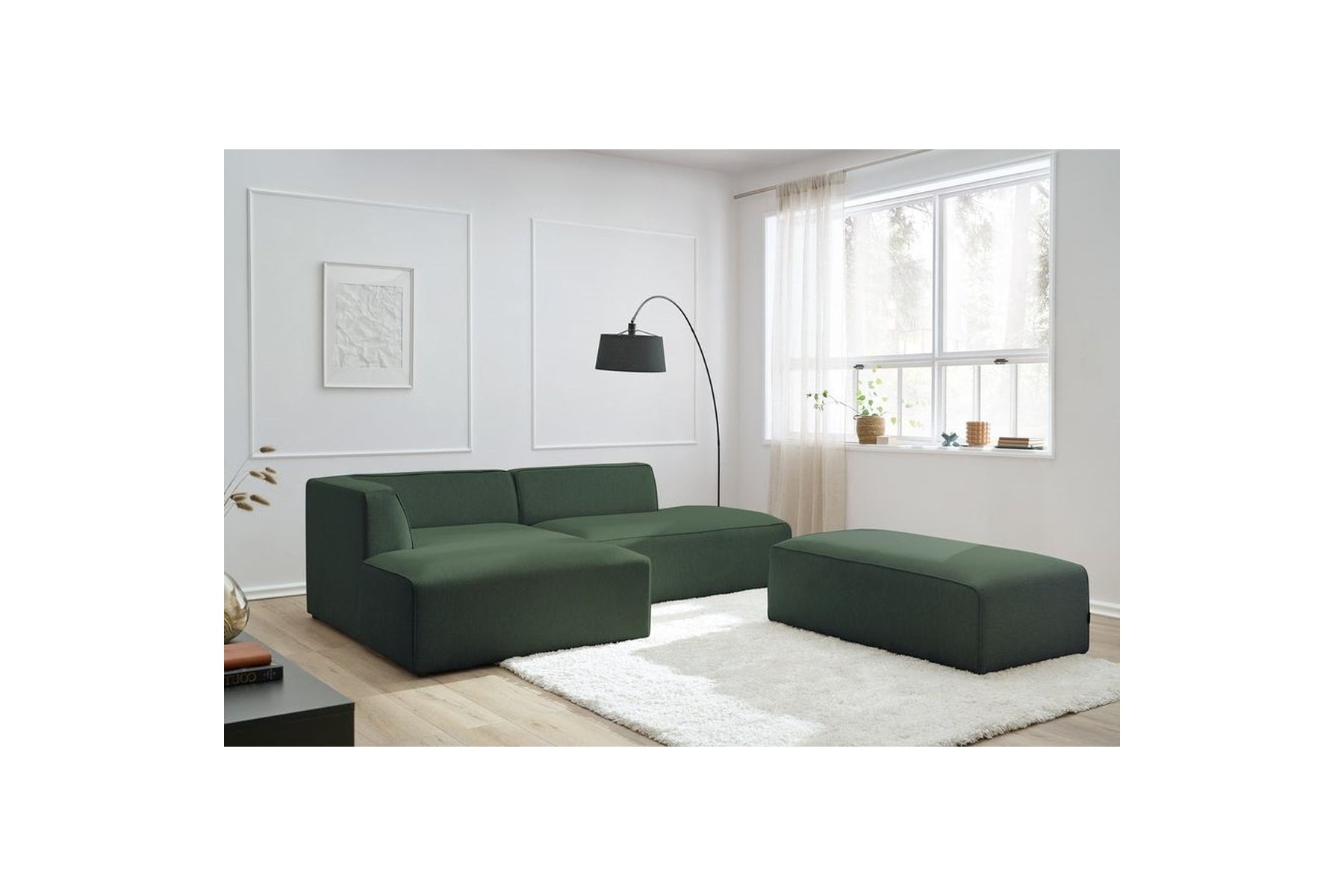 Canapé d'angle fixe modulable MEGEVE tissu lisse avec pouf - Angle gauche - BOBOCHIC - The Bradery