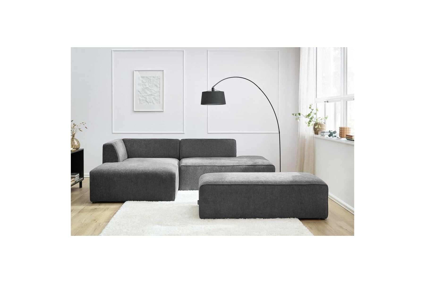 Canapé d'angle fixe modulable MEGEVE tissu lisse avec pouf - Angle gauche - BOBOCHIC - The Bradery