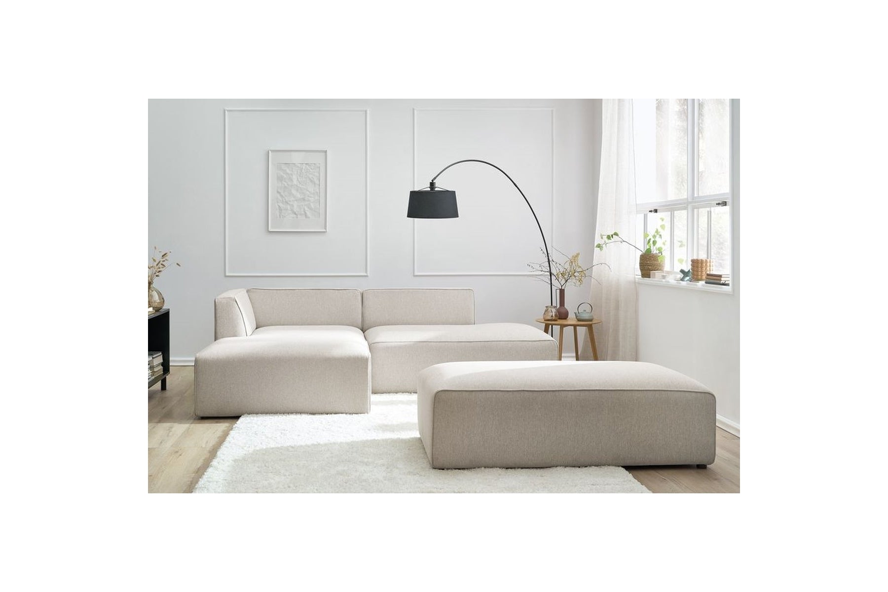 Canapé d'angle fixe modulable MEGEVE tissu lisse avec pouf - Angle gauche - BOBOCHIC - The Bradery