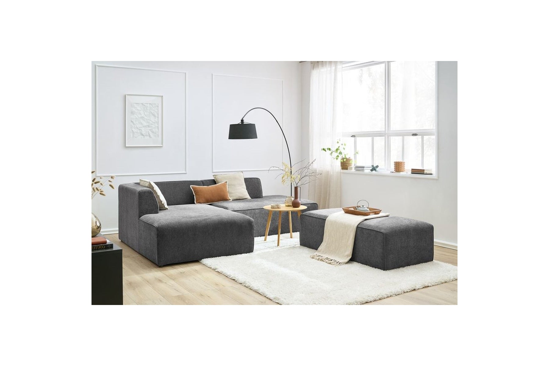 Canapé d'angle fixe modulable MEGEVE tissu texturé avec pouf - Angle gauche - BOBOCHIC - The Bradery