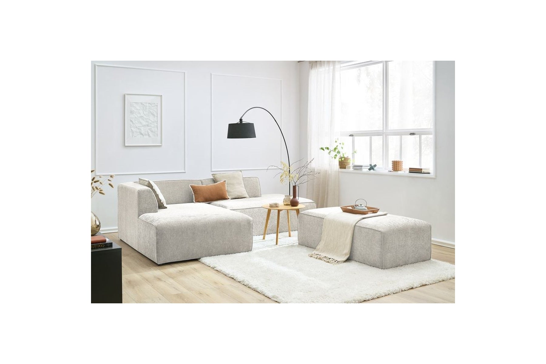 Canapé d'angle fixe modulable MEGEVE tissu texturé avec pouf - Angle gauche - BOBOCHIC - The Bradery