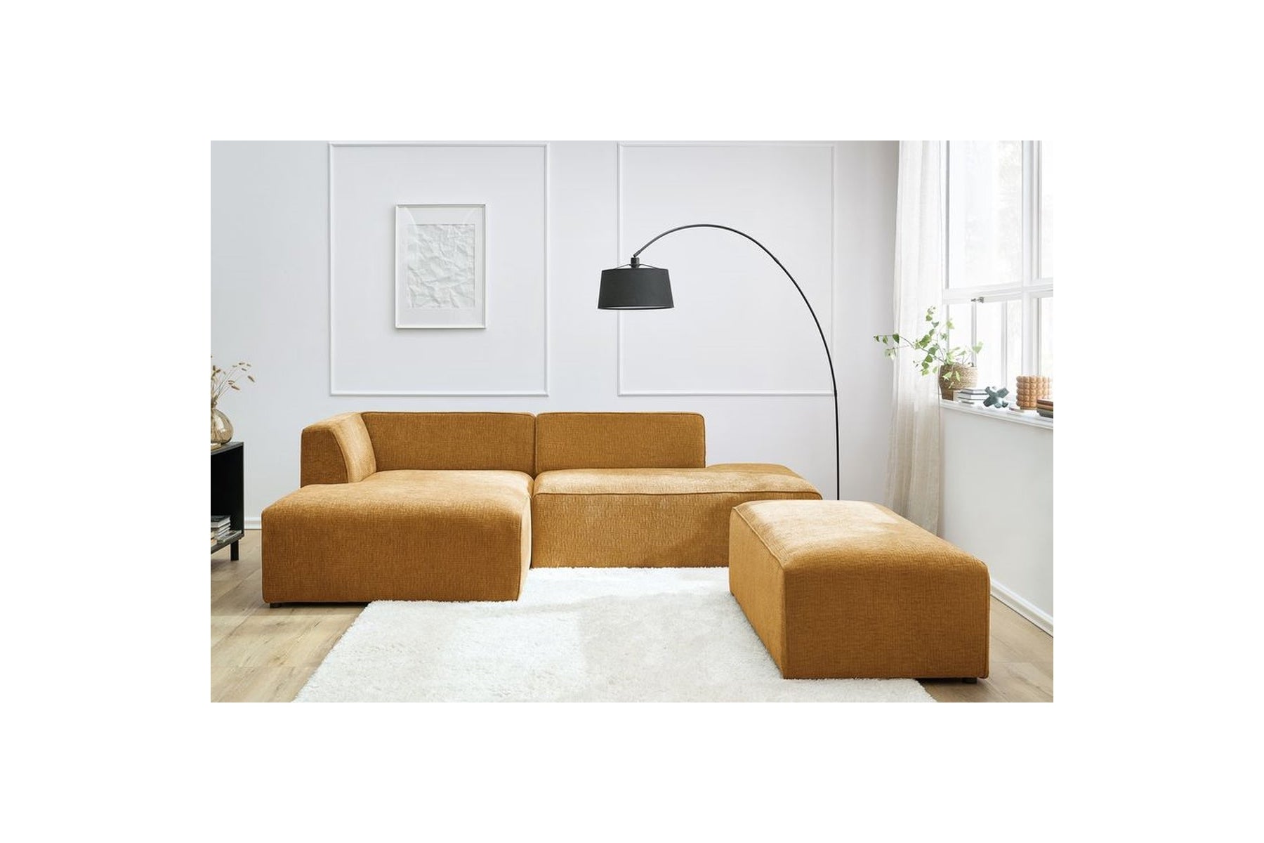 Canapé d'angle fixe modulable MEGEVE tissu texturé avec pouf - Angle gauche - BOBOCHIC - The Bradery