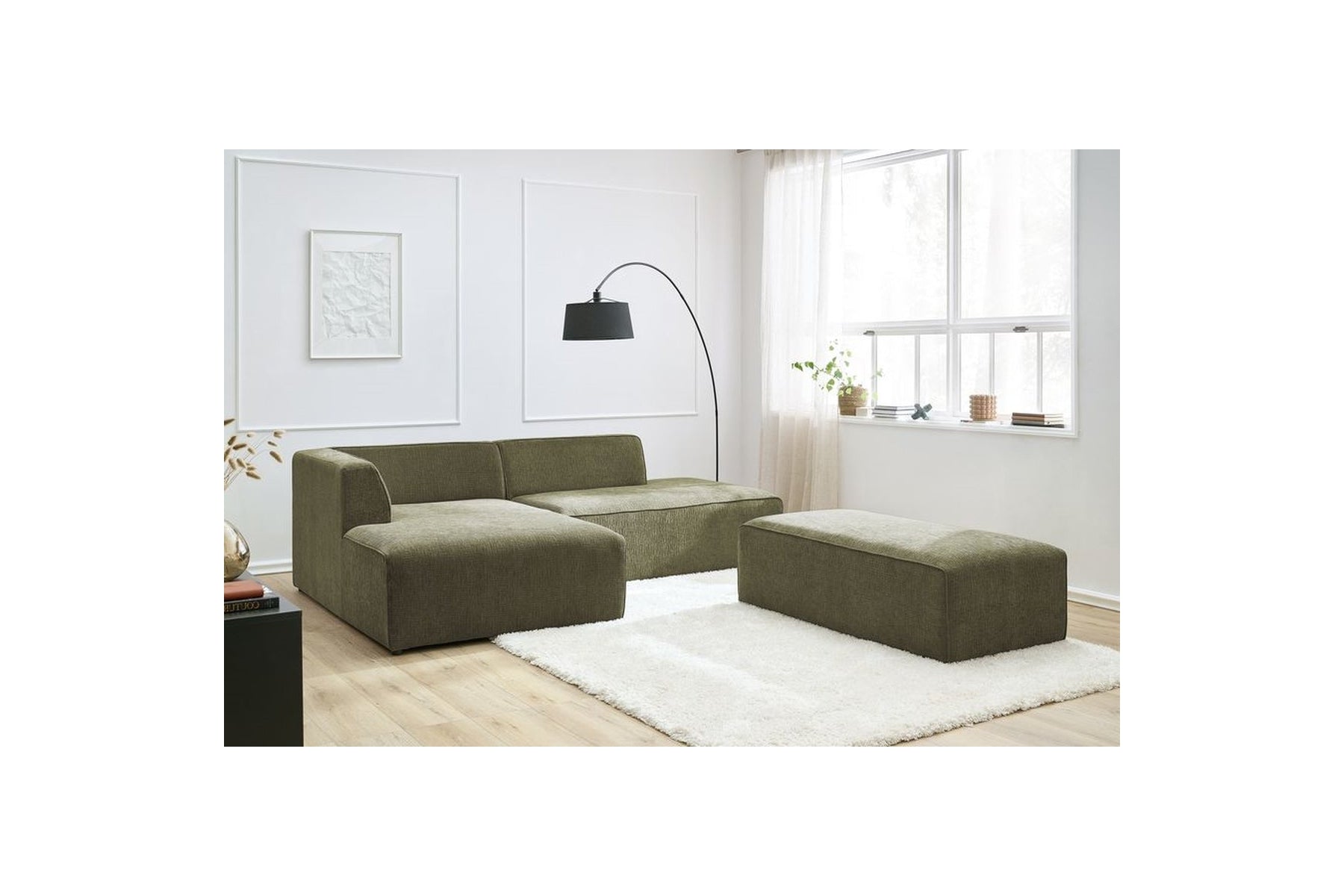 Canapé d'angle fixe modulable MEGEVE tissu texturé avec pouf - Angle gauche - BOBOCHIC - The Bradery