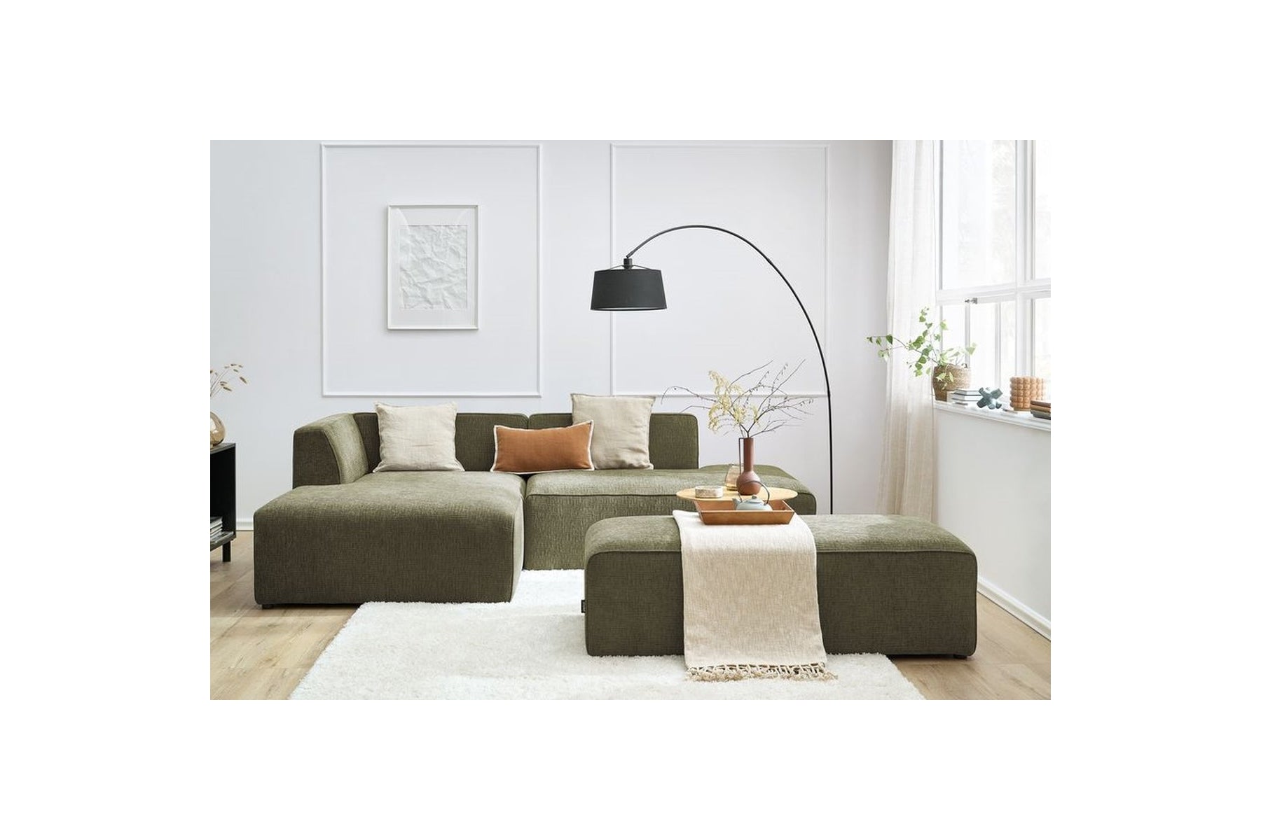 Canapé d'angle fixe modulable MEGEVE tissu texturé avec pouf - Angle gauche - BOBOCHIC - The Bradery