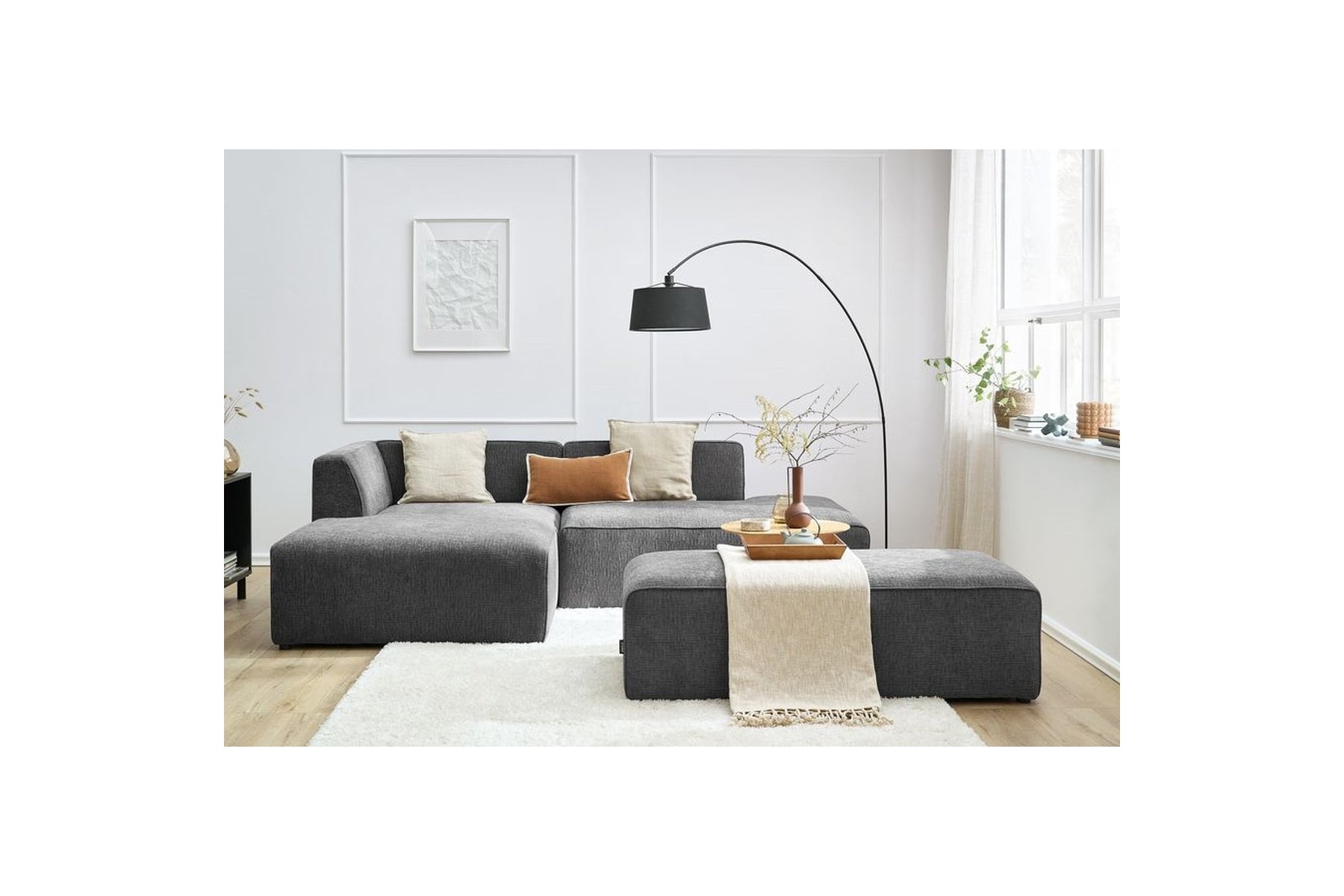 Canapé d'angle fixe modulable MEGEVE tissu texturé avec pouf - Angle gauche - BOBOCHIC - The Bradery