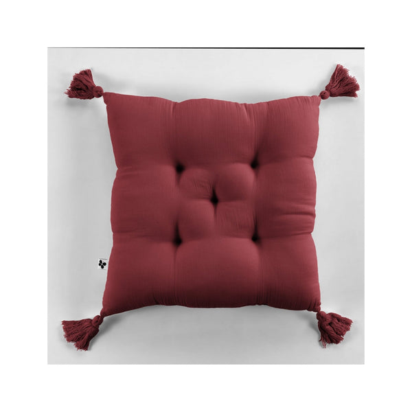 5 Point Padded Cushion With Pompoms Gaïa Wine Red Cotton Gauze - L'EFFETPAPILLON2 - The Bradery
