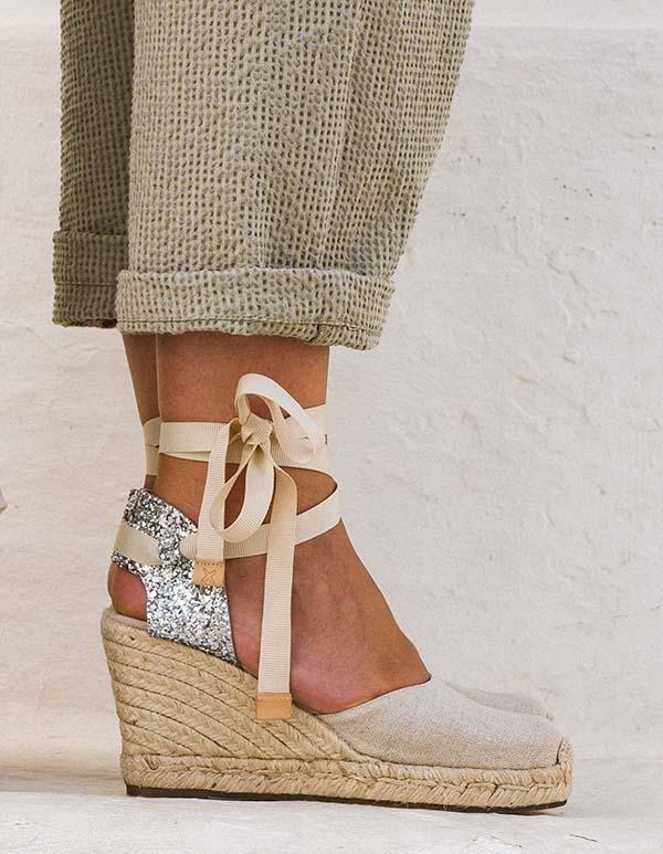 Espadrille Talon Haut Marbella Ruban - Lin Argenté - Femme ESPADRILLE TALON HAUT 8 centimètres plateforme de 2 centimètres Escadrille
