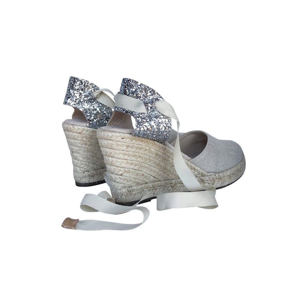 Marbella Ribbon High Heel Espadrille - Silver Linen - Woman HIGH HEEL ESPADRILLE 8 centimeters 2 centimeter platform Escadrille
