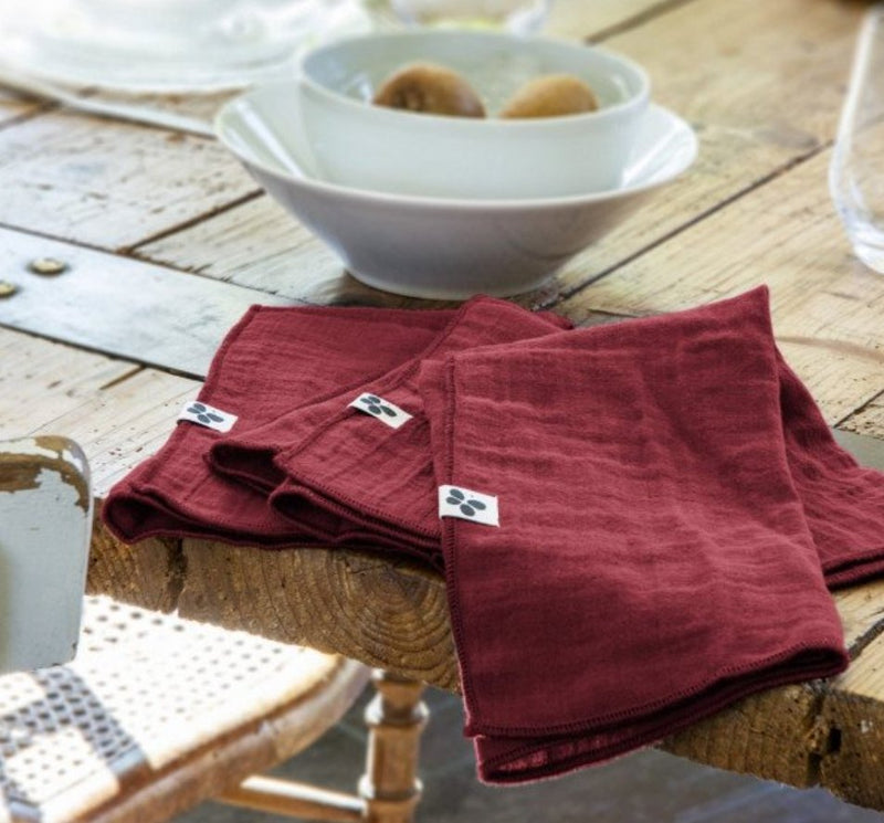 Lot De 3 Serviettes Gaze De Coton Gaïa Lie De Vin - L'Effet Papillon - The Bradery